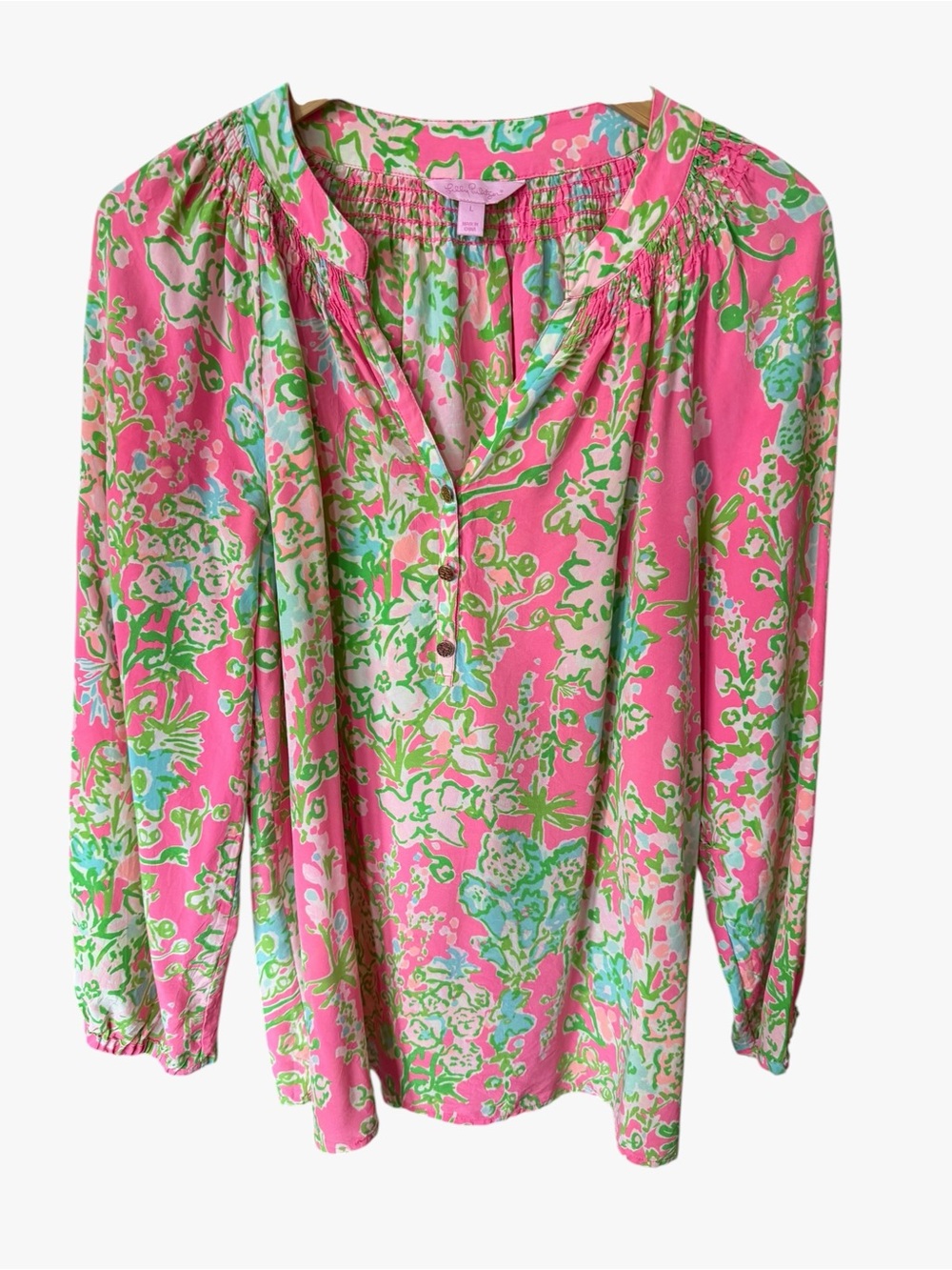 Lilly Pulitzer Pink Floral Button-Peasant Blouse
